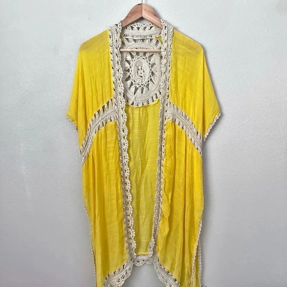 FREE PEOPLE | Yellow Cream Sundial Gauze Crochet Kimono Wrap Topper | One Size - Picture 3 of 10